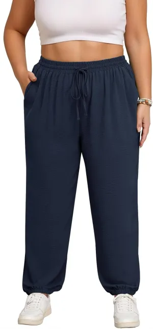Lastshe Womens Plus Size Casual Pants High Waisted Adjustable Drawstring Summer Jogger Pants Lounge Trousers with Pockets