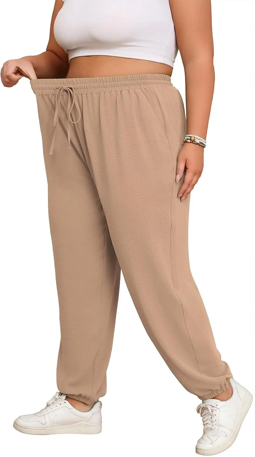Lastshe Womens Plus Size Casual Pants High Waisted Adjustable Drawstring Summer Jogger Pants Lounge Trousers with Pockets