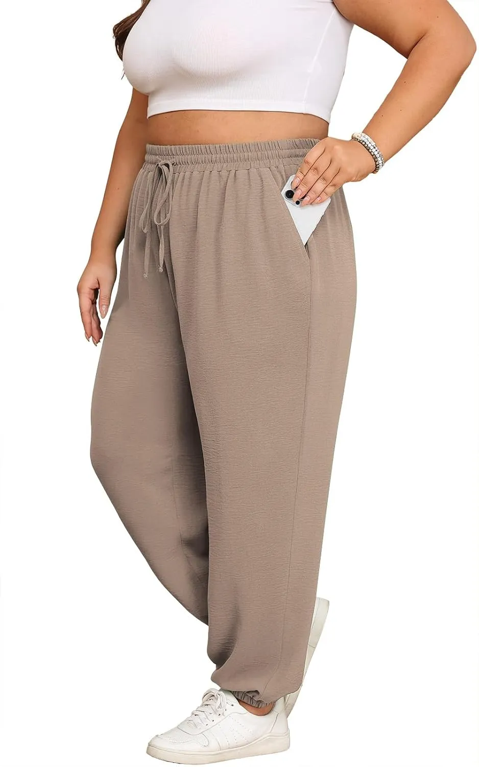 Lastshe Womens Plus Size Casual Pants High Waisted Adjustable Drawstring Summer Jogger Pants Lounge Trousers with Pockets