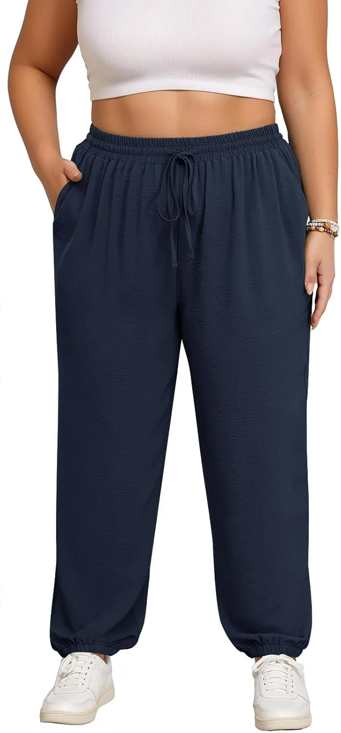 Lastshe Womens Plus Size Casual Pants High Waisted Adjustable Drawstring Summer Jogger Pants Lounge Trousers with Pockets