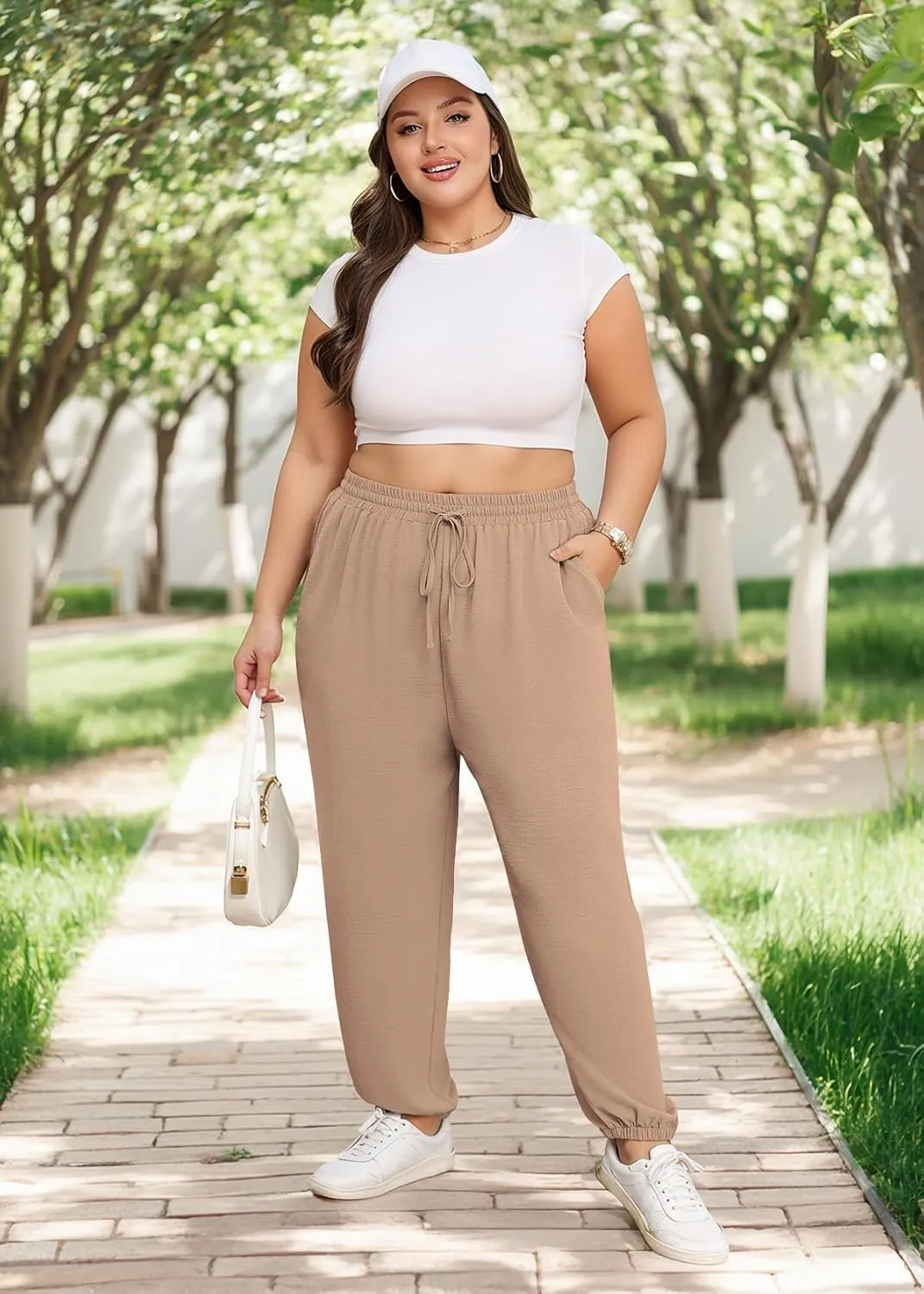 Lastshe Womens Plus Size Casual Pants High Waisted Adjustable Drawstring Summer Jogger Pants Lounge Trousers with Pockets