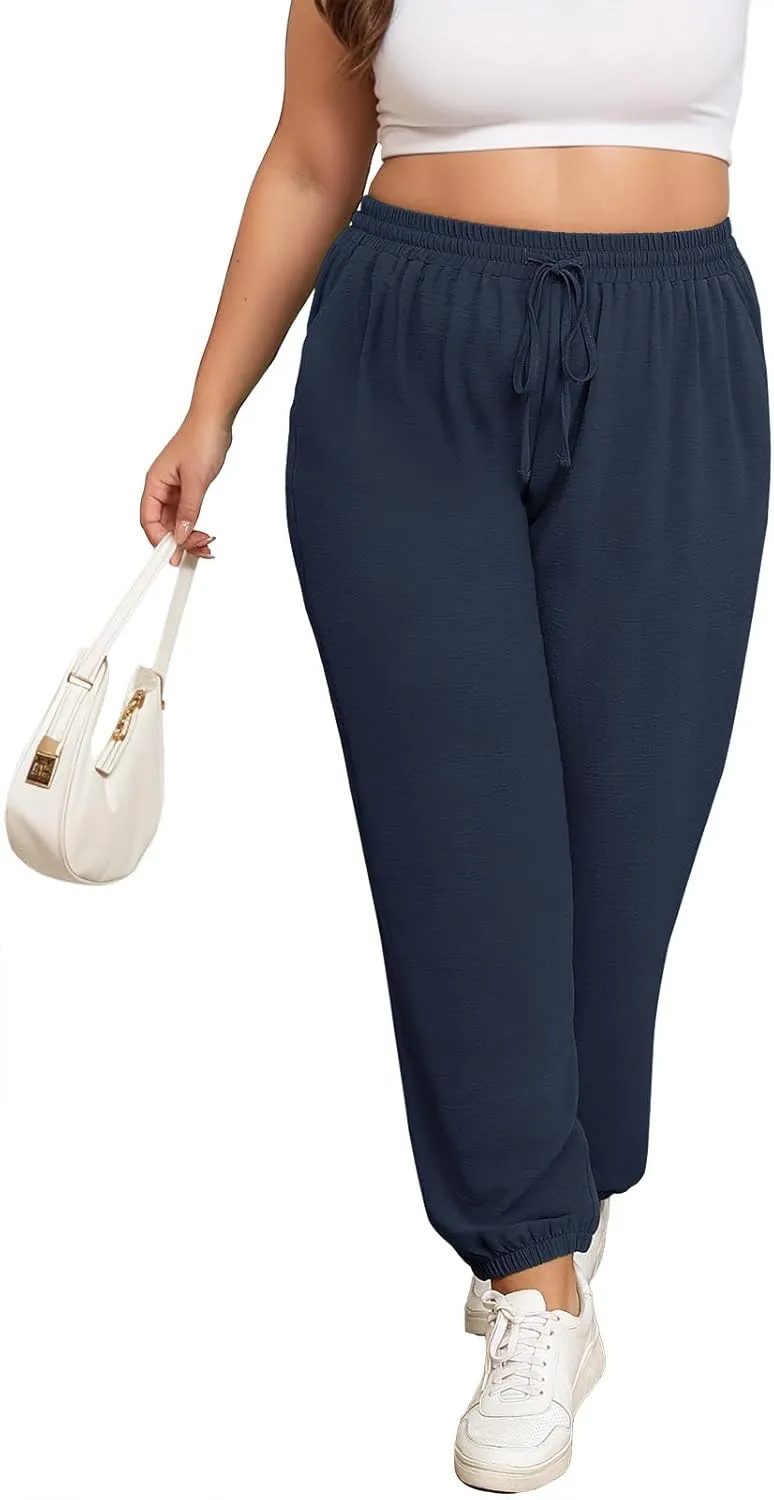 Lastshe Womens Plus Size Casual Pants High Waisted Adjustable Drawstring Summer Jogger Pants Lounge Trousers with Pockets