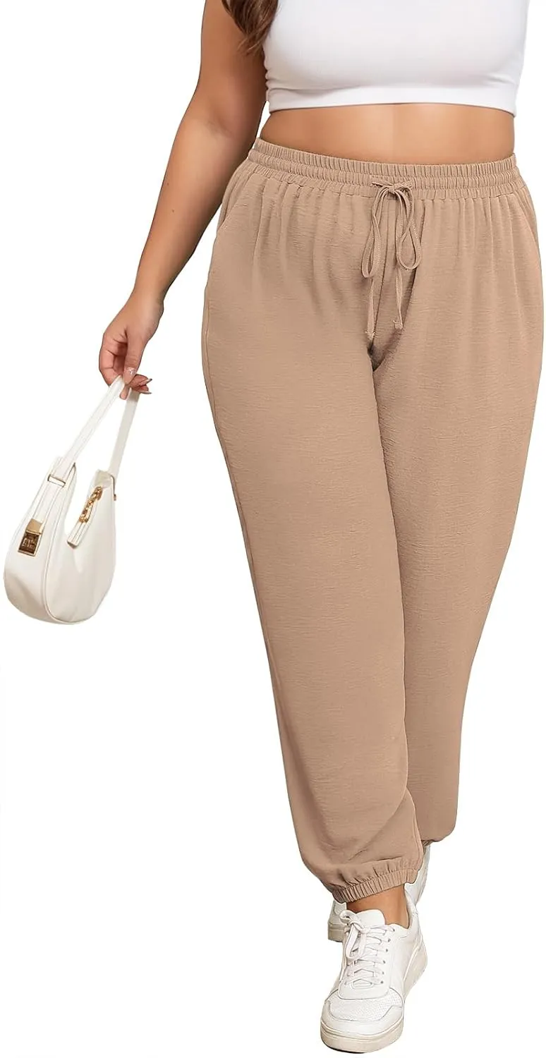 Lastshe Womens Plus Size Casual Pants High Waisted Adjustable Drawstring Summer Jogger Pants Lounge Trousers with Pockets