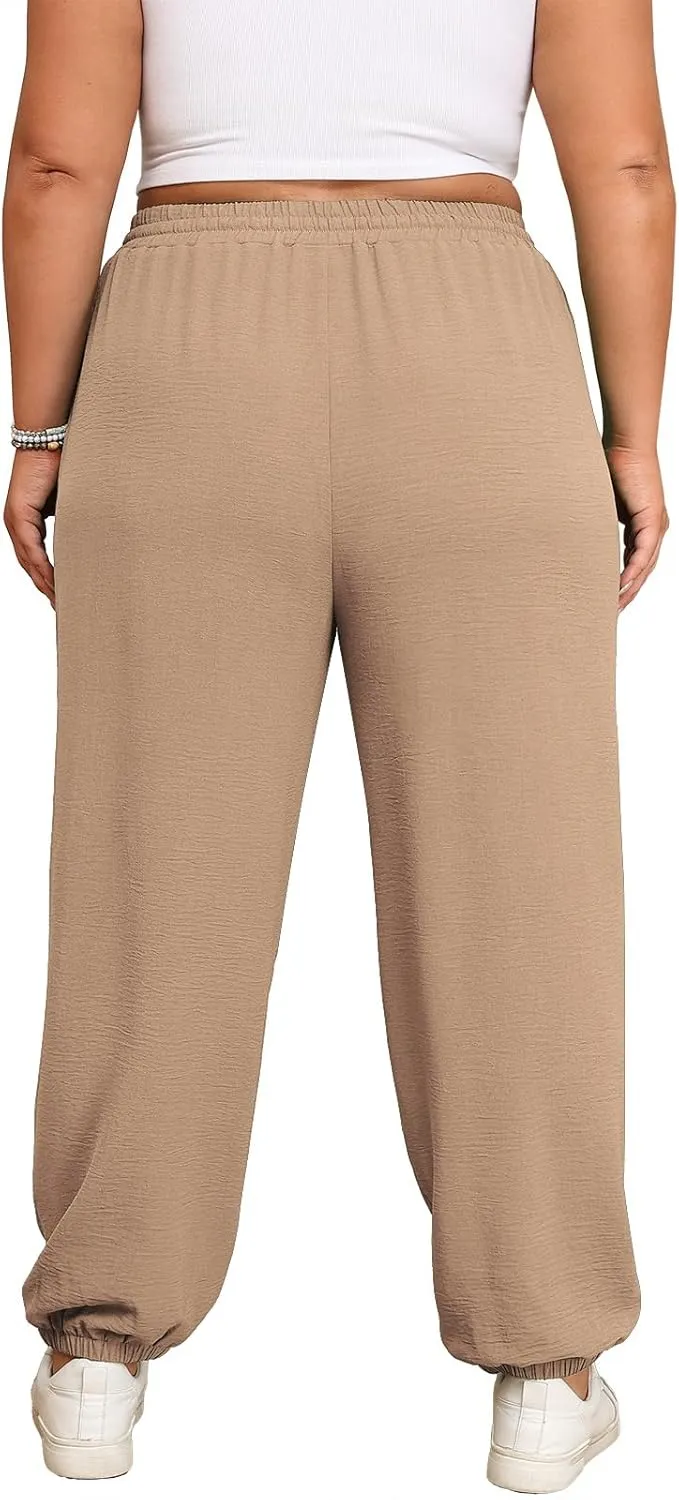 Lastshe Womens Plus Size Casual Pants High Waisted Adjustable Drawstring Summer Jogger Pants Lounge Trousers with Pockets