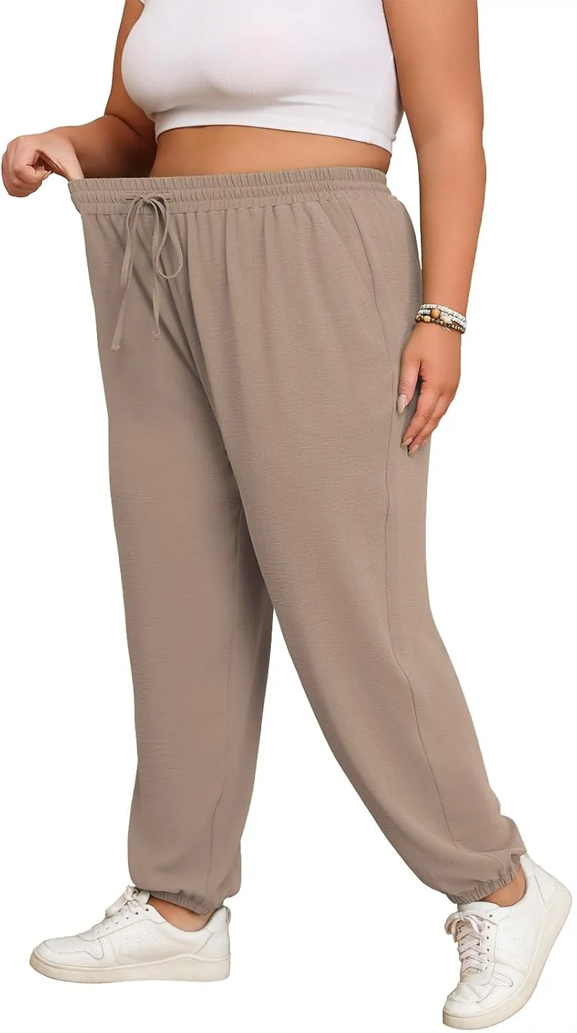 Lastshe Womens Plus Size Casual Pants High Waisted Adjustable Drawstring Summer Jogger Pants Lounge Trousers with Pockets