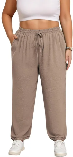 Lastshe Womens Plus Size Casual Pants High Waisted Adjustable Drawstring Summer Jogger Pants Lounge Trousers with Pockets