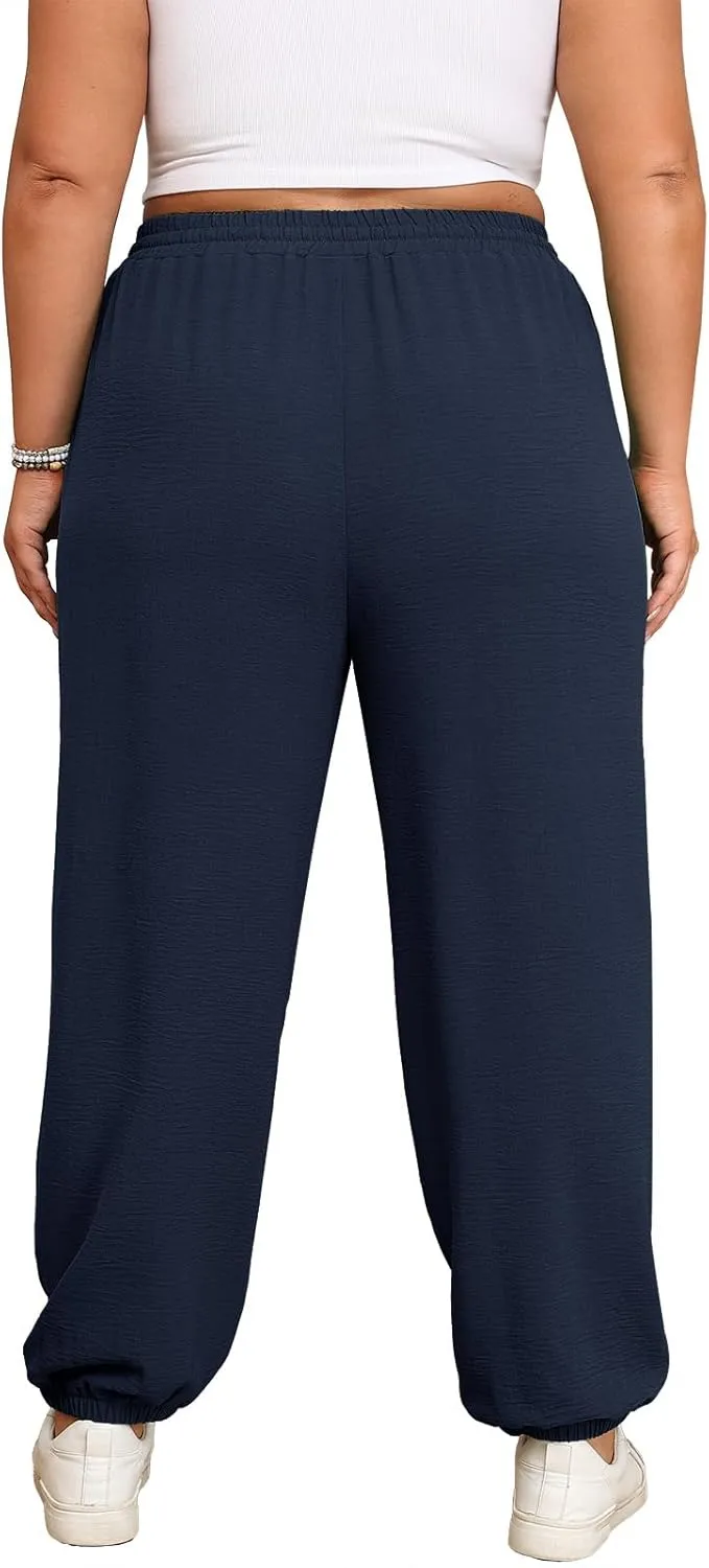 Lastshe Womens Plus Size Casual Pants High Waisted Adjustable Drawstring Summer Jogger Pants Lounge Trousers with Pockets