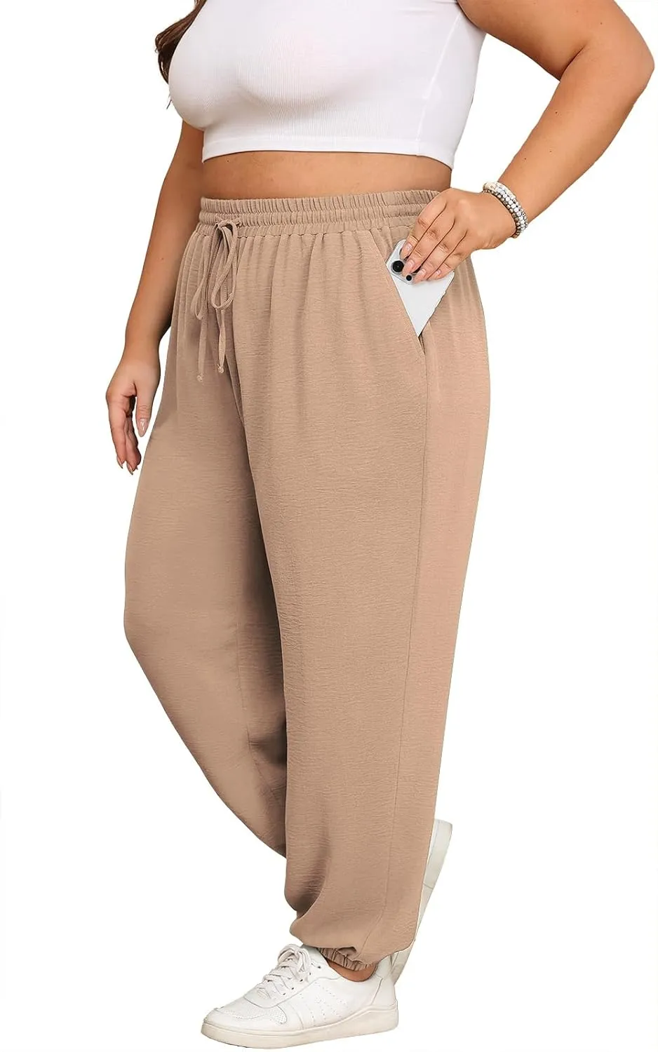 Lastshe Womens Plus Size Casual Pants High Waisted Adjustable Drawstring Summer Jogger Pants Lounge Trousers with Pockets