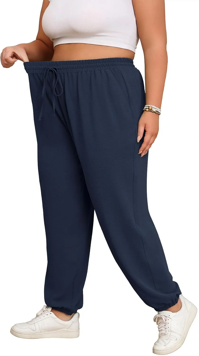 Lastshe Womens Plus Size Casual Pants High Waisted Adjustable Drawstring Summer Jogger Pants Lounge Trousers with Pockets