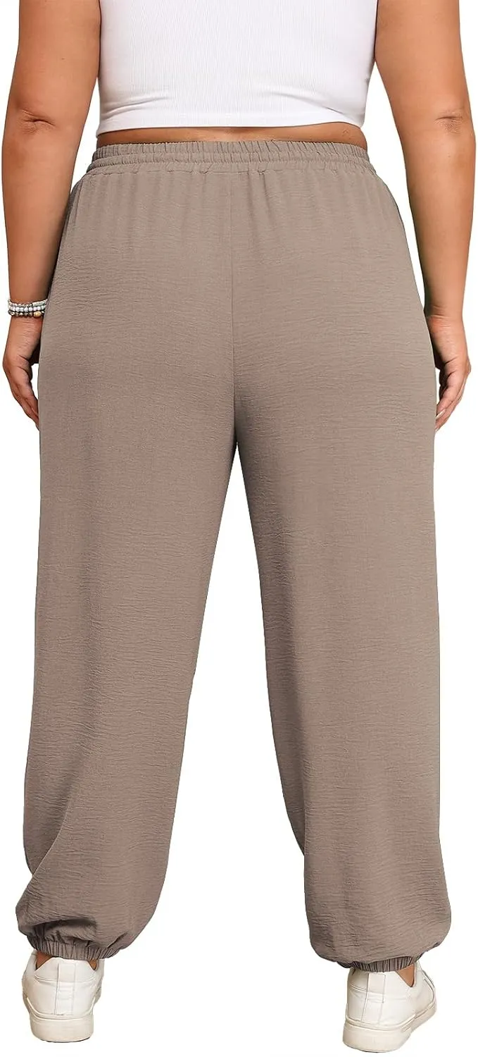Lastshe Womens Plus Size Casual Pants High Waisted Adjustable Drawstring Summer Jogger Pants Lounge Trousers with Pockets