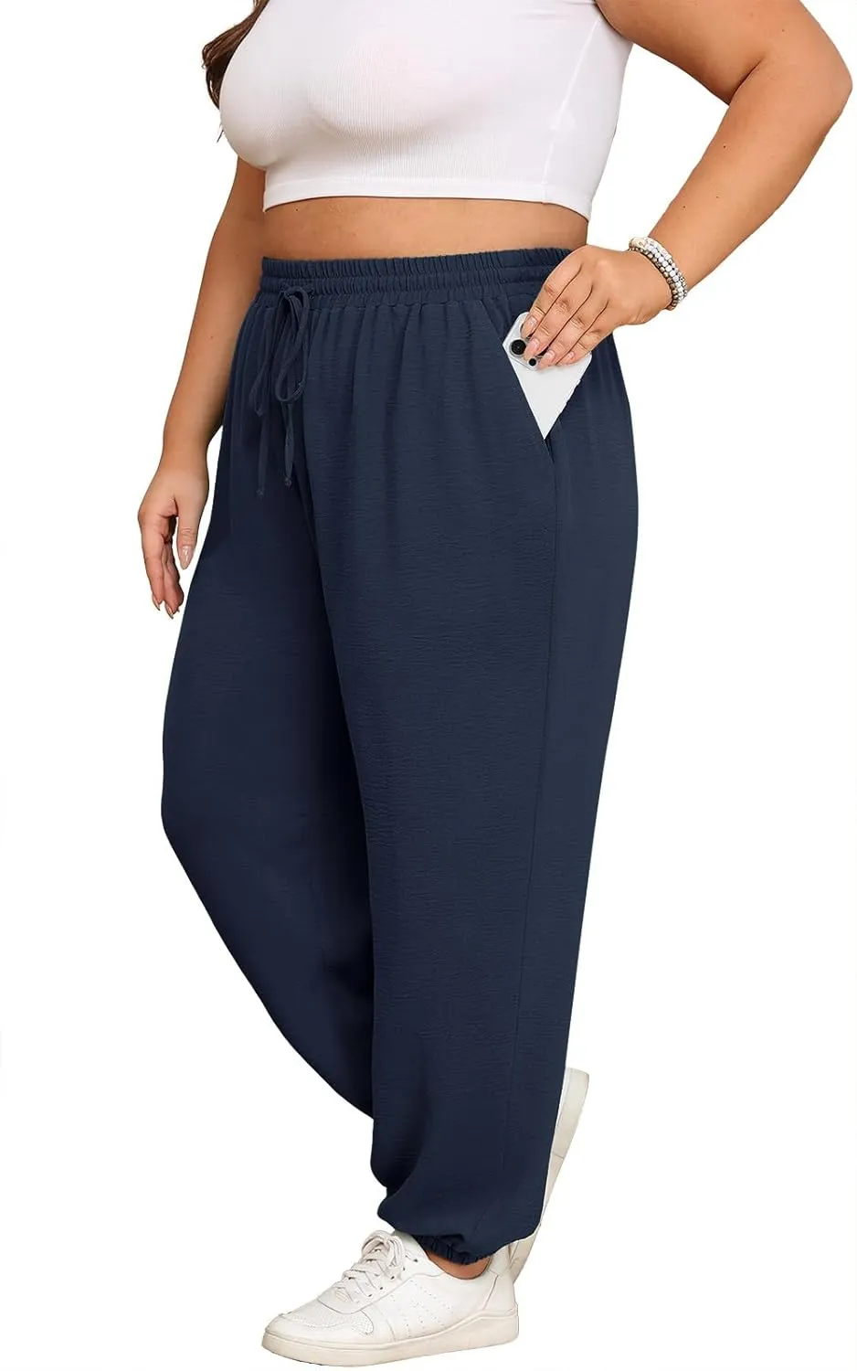 Lastshe Womens Plus Size Casual Pants High Waisted Adjustable Drawstring Summer Jogger Pants Lounge Trousers with Pockets