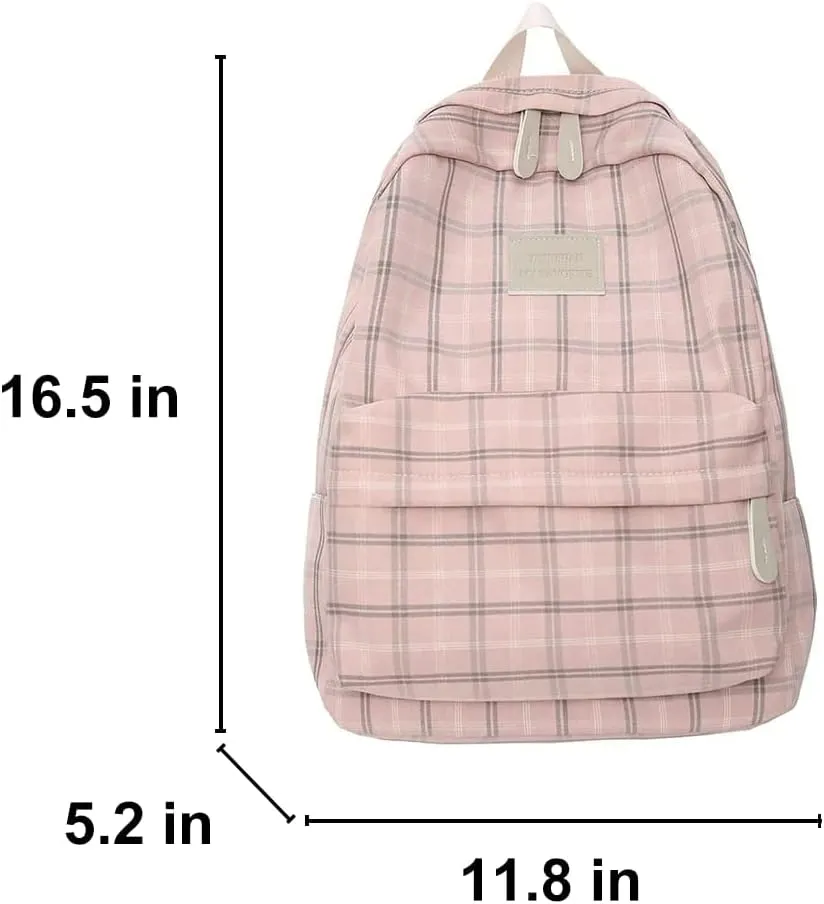 Light Academia Backpack Aesthetic Plaid Preppy Laptop Backpack Checkered Rucksack for College Travel Work (One Size,Pink)