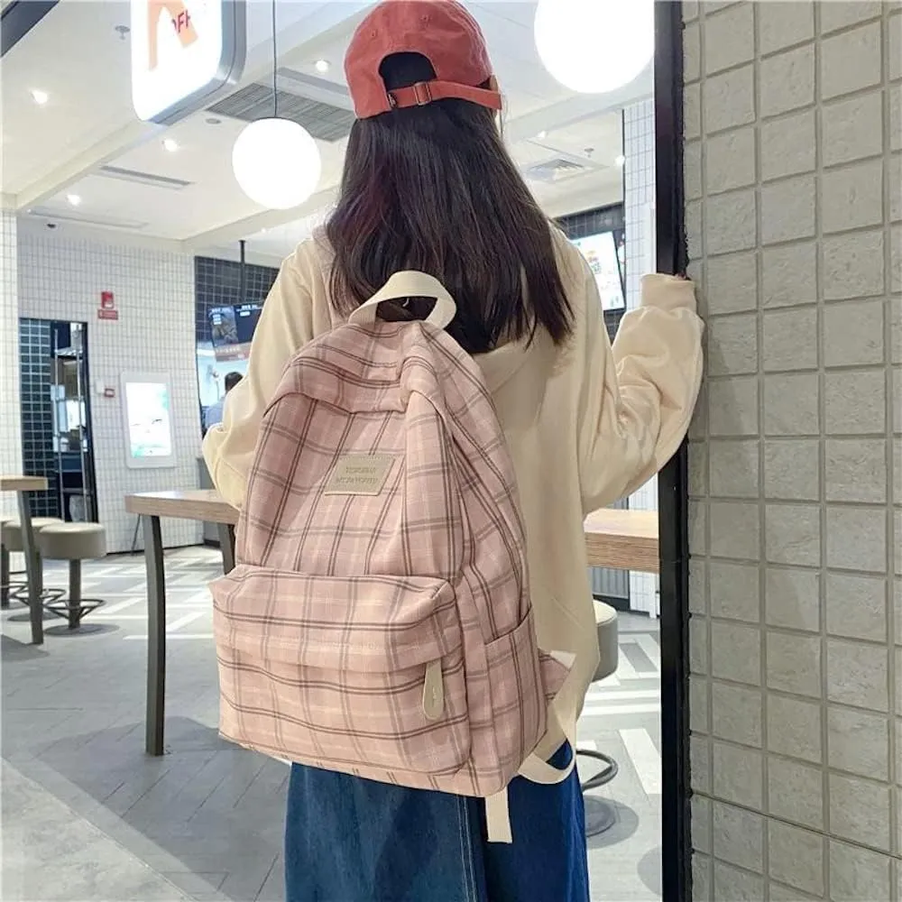 Light Academia Backpack Aesthetic Plaid Preppy Laptop Backpack Checkered Rucksack for College Travel Work (One Size,Pink)