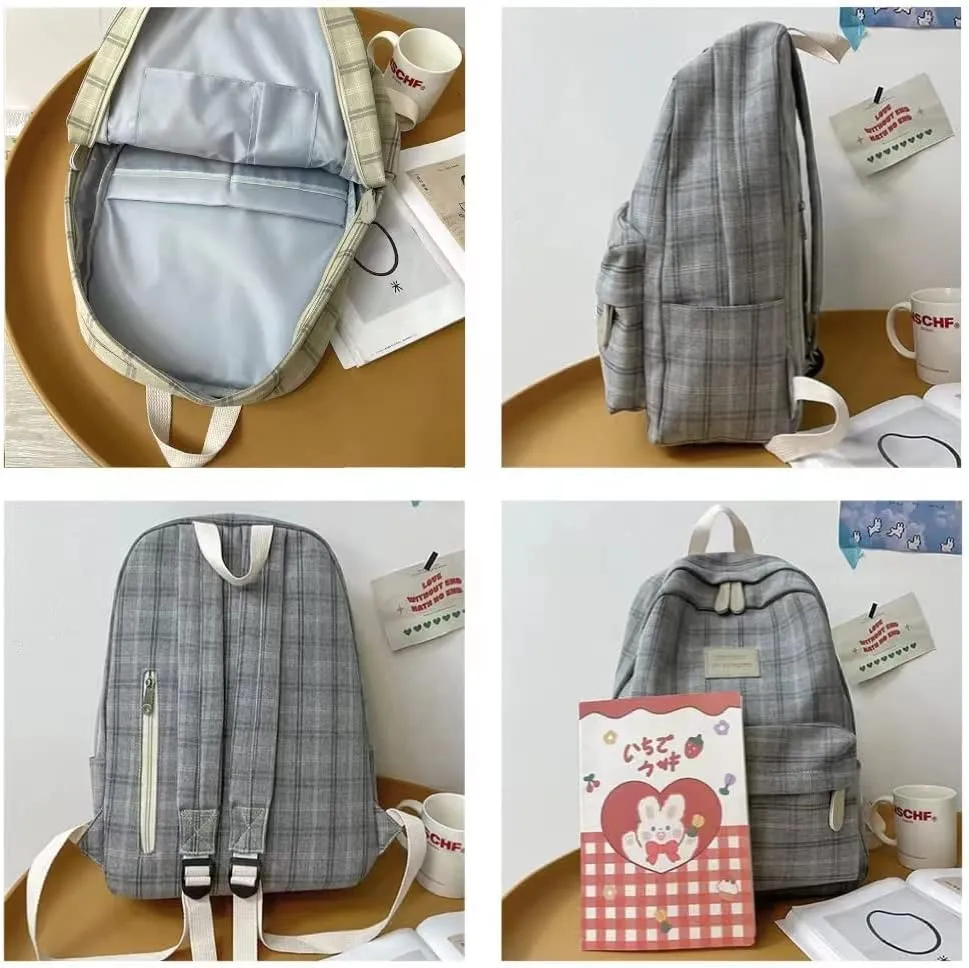Light Academia Backpack Aesthetic Plaid Preppy Laptop Backpack Checkered Rucksack for College Travel Work (One Size,Pink)