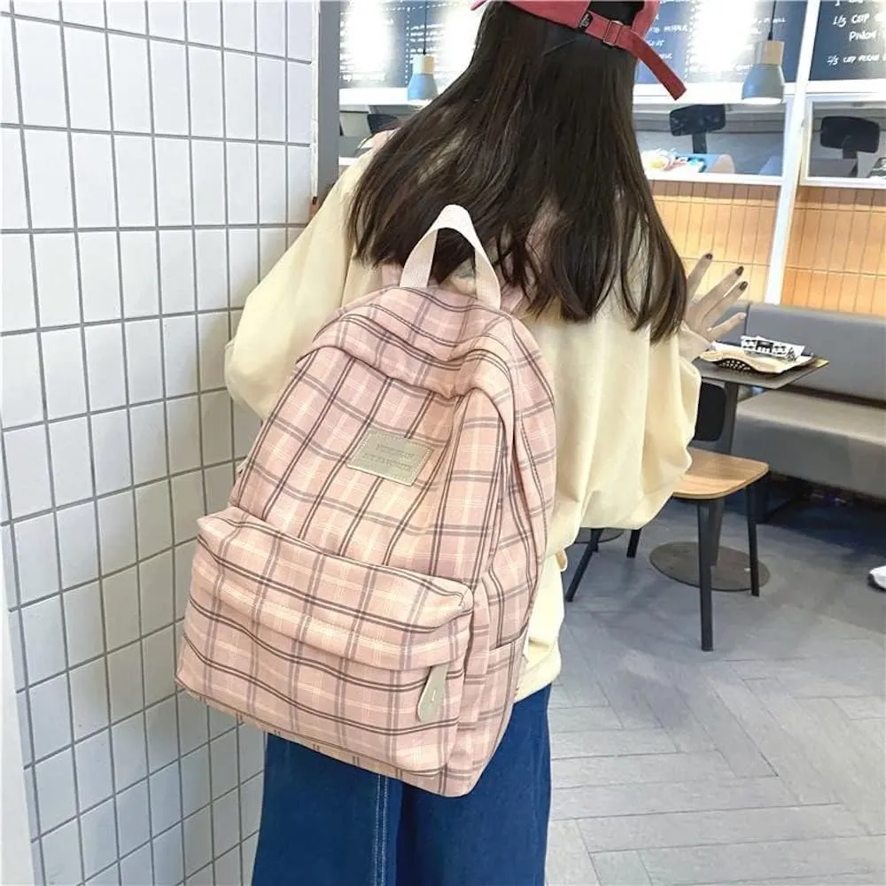 Light Academia Backpack Aesthetic Plaid Preppy Laptop Backpack Checkered Rucksack for College Travel Work (One Size,Pink)