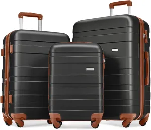 Lightweight Expandable ABS Hardshell Luggage Set Spinner Wheels, 3 Piece Suitcase with TSA Lock (Black and Brown, 20'' 24'' 28'')