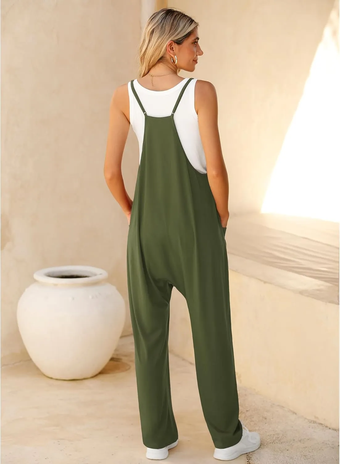 LILBETTER Women's Loose Casual V Neck Sleeveless Jumpsuits Adjustable Spaghetti Straps Long Pants Overalls With Pockets