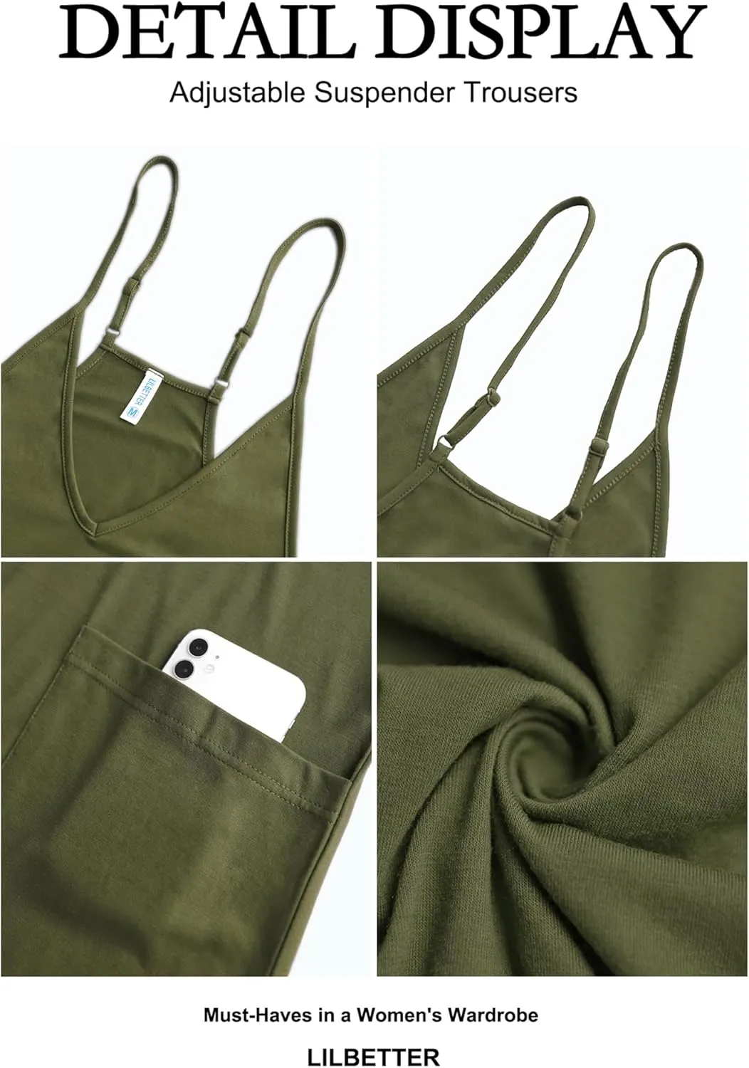 LILBETTER Women's Loose Casual V Neck Sleeveless Jumpsuits Adjustable Spaghetti Straps Long Pants Overalls With Pockets