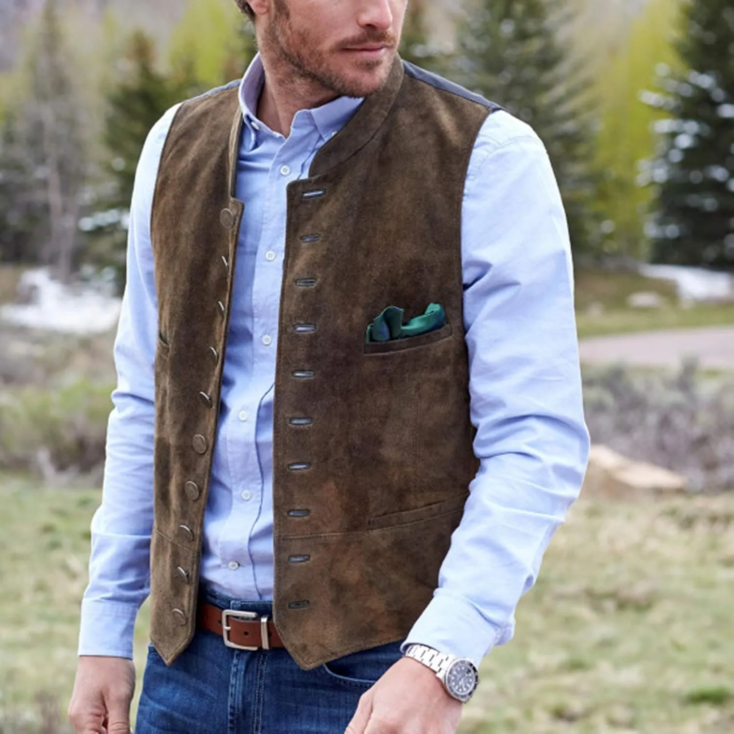 Lilis Men's Suede Leather Suit Vest Casual Western Jacket Waistcoat