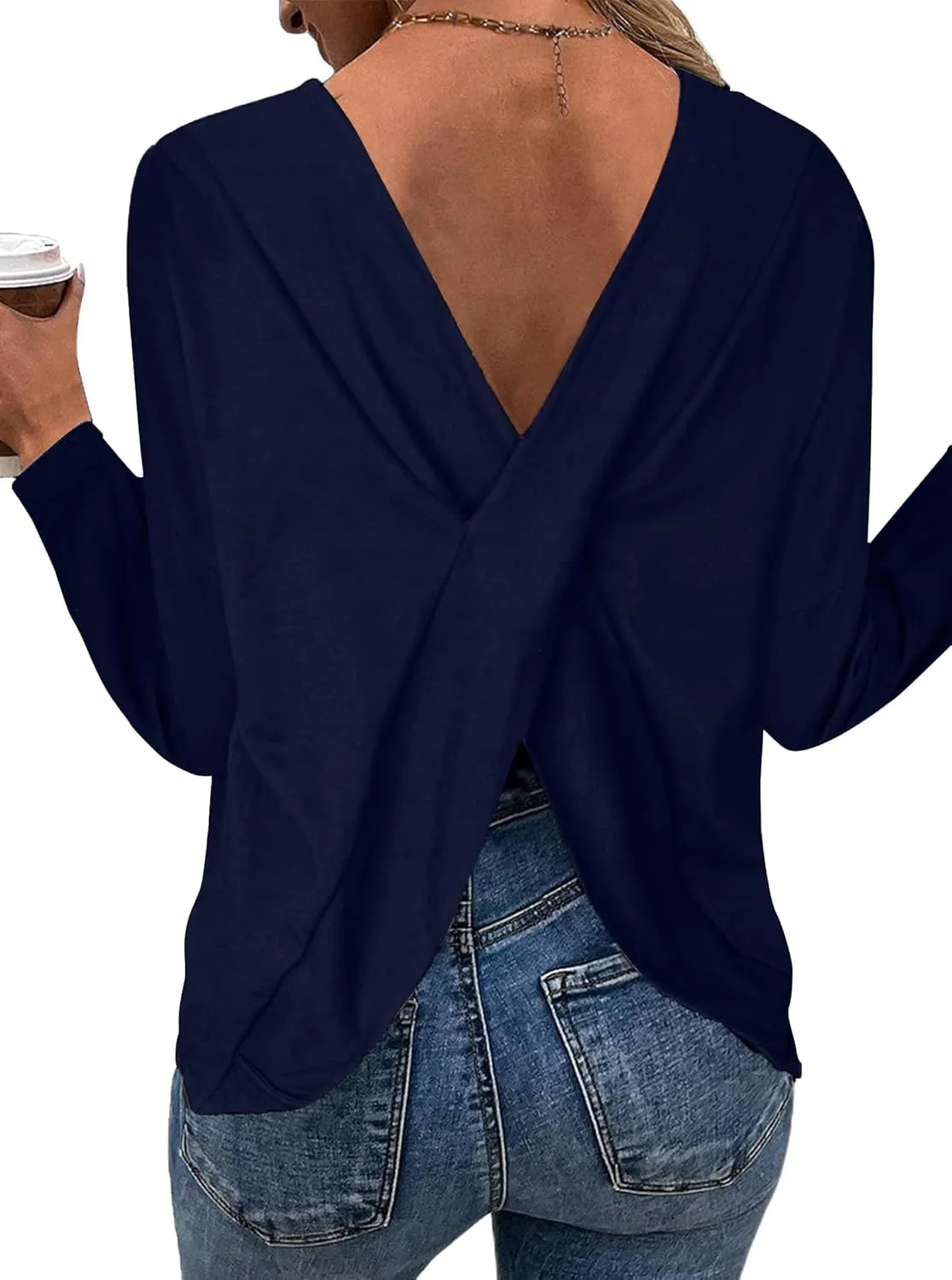 LilyCoco Women's Open Back Long Sleeve Tops Crewneck Loose Fit T Shirt