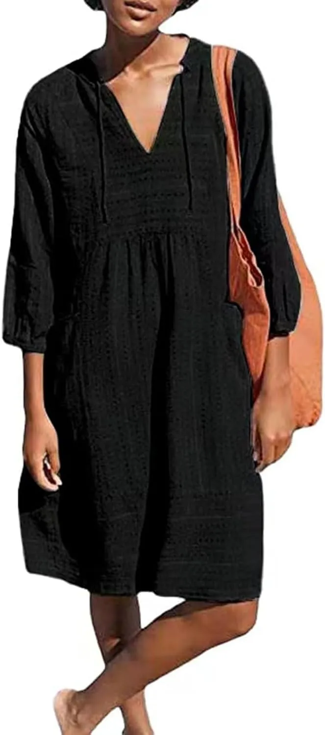 Linen Dresses for Women 2025 Summer Vacation Beach Shift Dress V Neck 3/4 Sleeve Midi Dress Casual Tunic Dresses