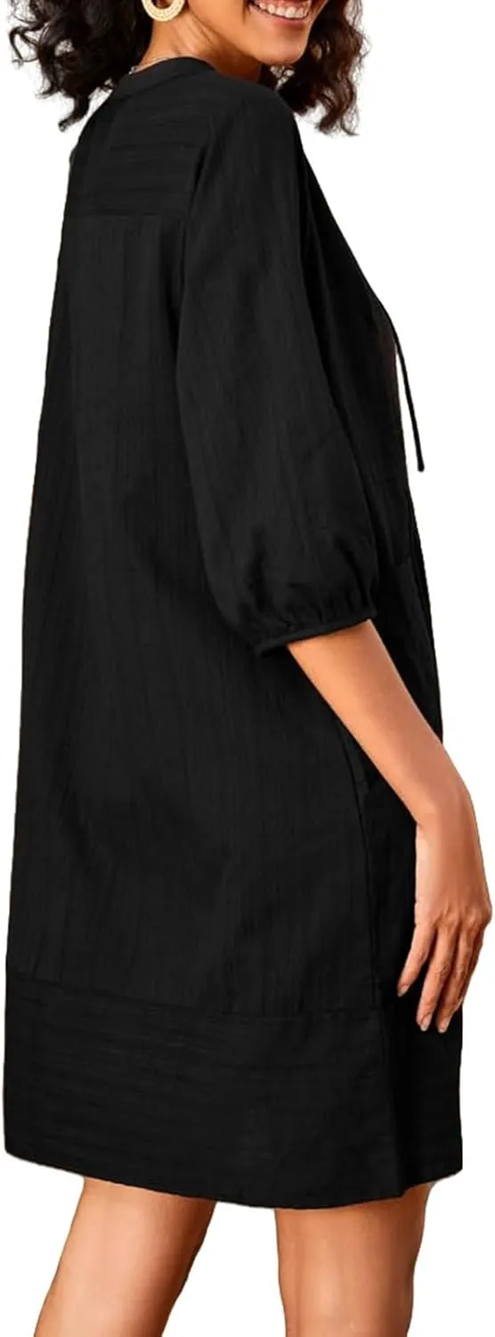Linen Dresses for Women 2025 Summer Vacation Beach Shift Dress V Neck 3/4 Sleeve Midi Dress Casual Tunic Dresses