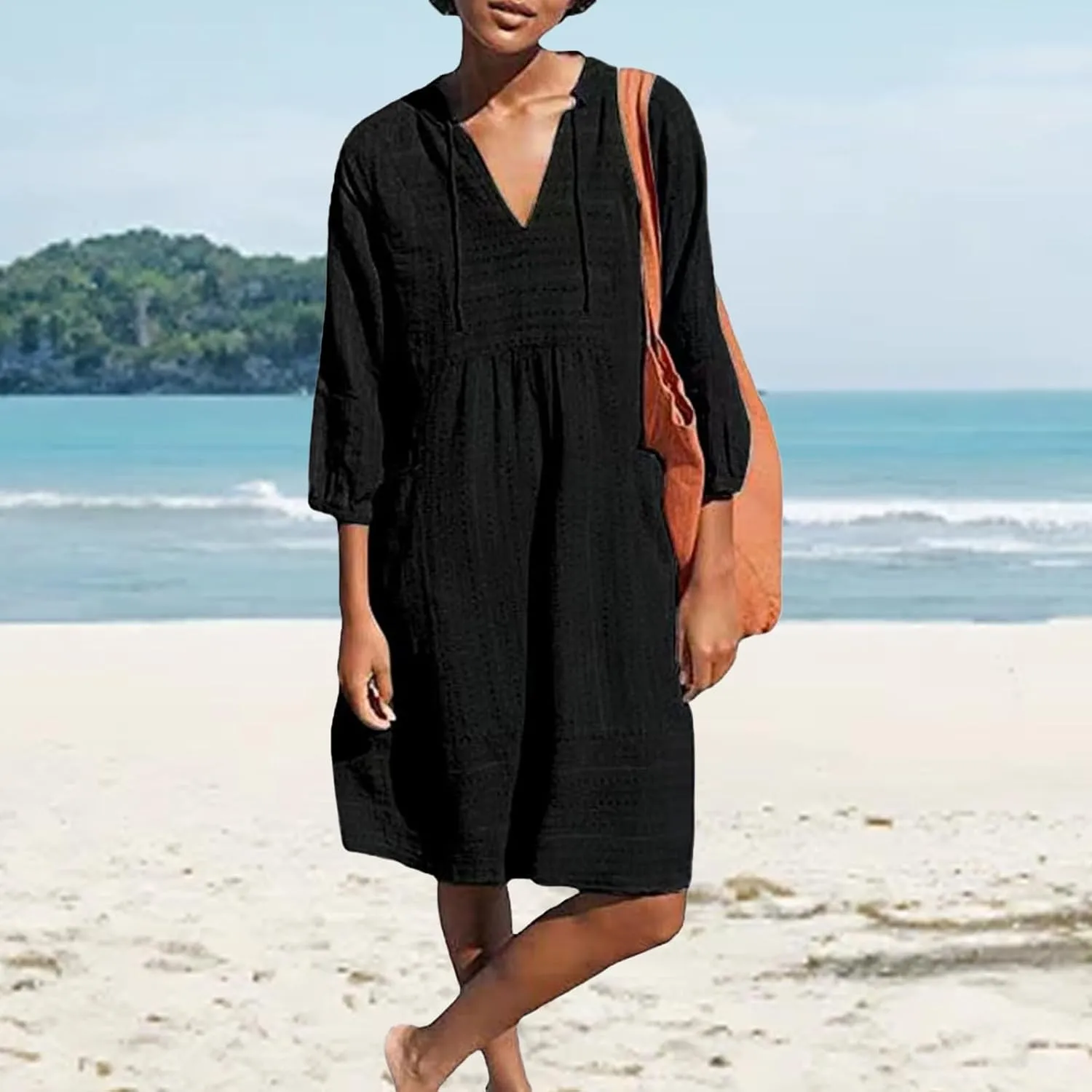 Linen Dresses for Women 2025 Summer Vacation Beach Shift Dress V Neck 3/4 Sleeve Midi Dress Casual Tunic Dresses