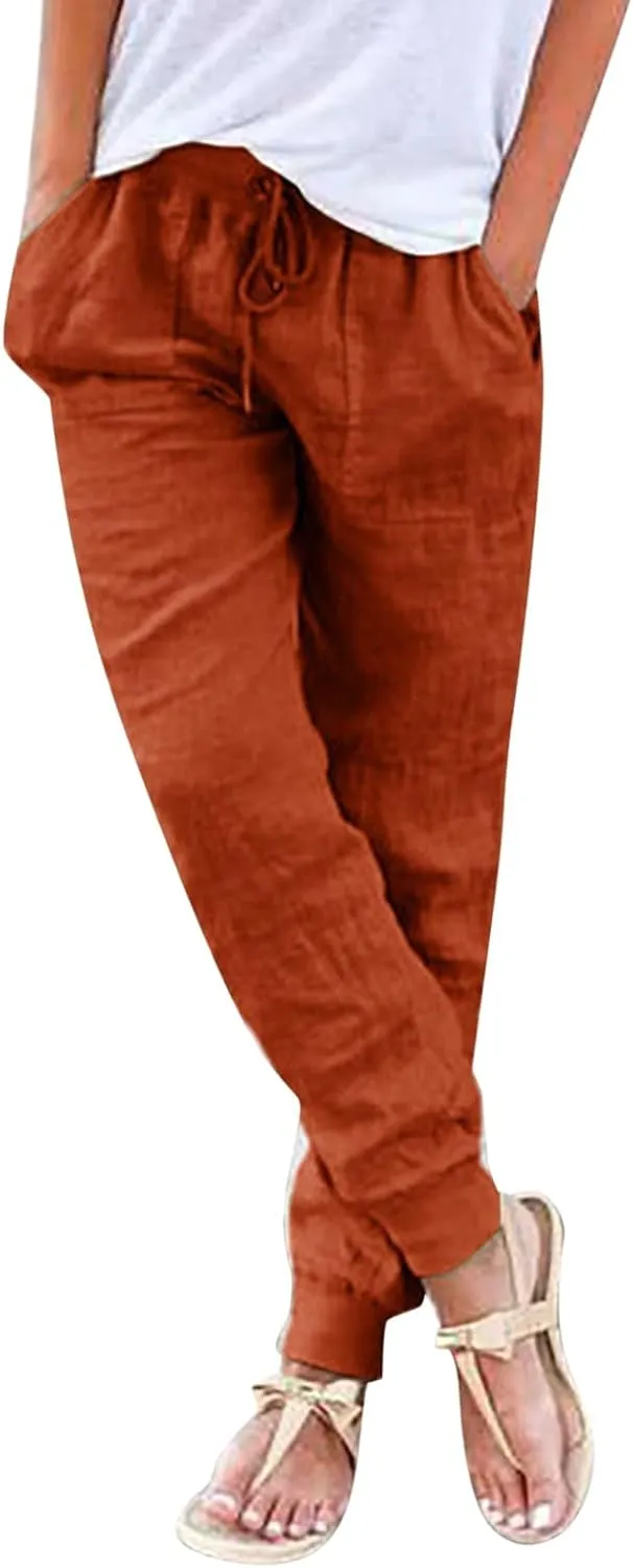 Linen Pants For Women 2025 Petite Summer Drawstring Elastic High Waist Comfy 2025 Lounge Vacation Tapered Trousers
