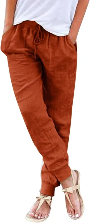 Linen Pants For Women 2025 Petite Summer Drawstring Elastic High Waist Comfy 2025 Lounge Vacation Tapered Trousers