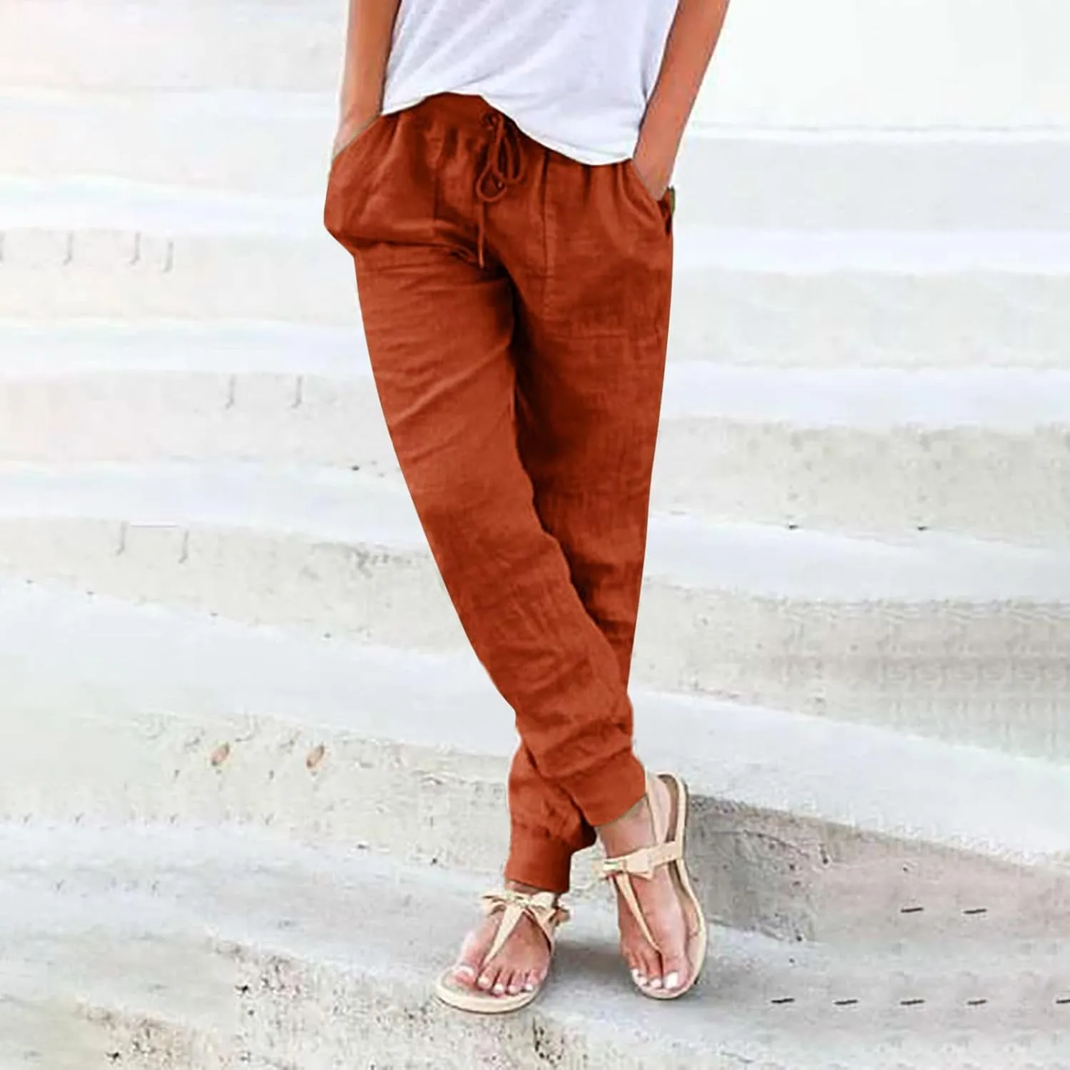 Linen Pants For Women 2025 Petite Summer Drawstring Elastic High Waist Comfy 2025 Lounge Vacation Tapered Trousers