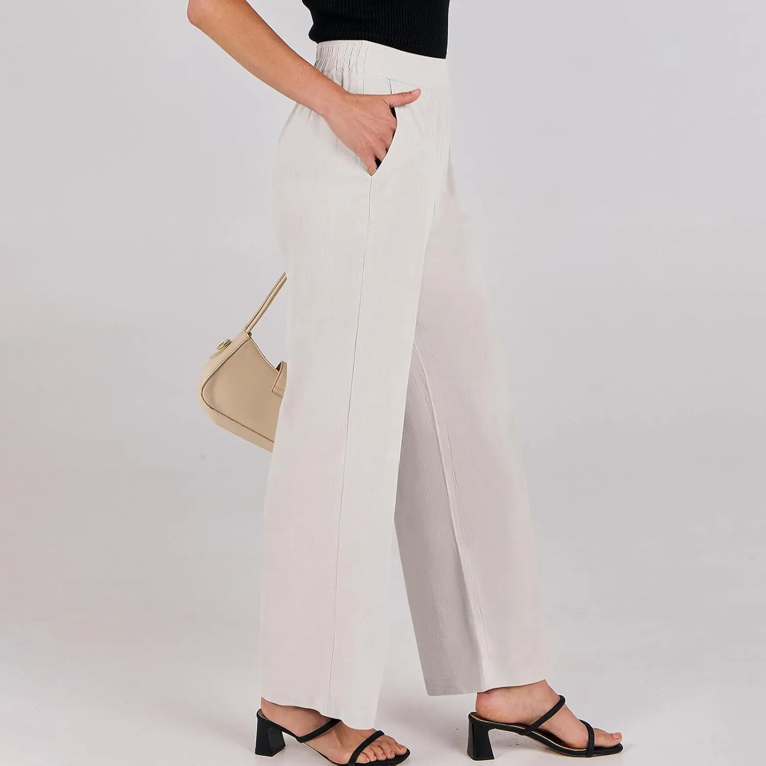 Linen Work Pants for Women High Waisted Dress Pants Casual Lightweight Elastic Waist Wide Leg Trousers with Pockets