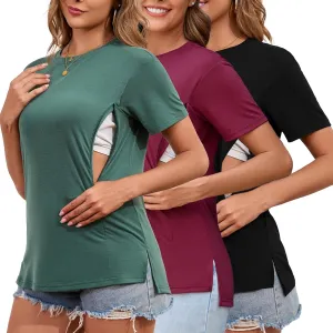 Liu & Qu Breastfeeding Shirts for Women 3 Pack Hidden Zipper Nursing Tops Side Split Postpartum Clothes