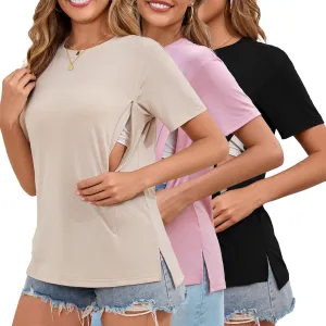 Liu & Qu Breastfeeding Shirts for Women 3 Pack Hidden Zipper Nursing Tops Side Split Postpartum Clothes