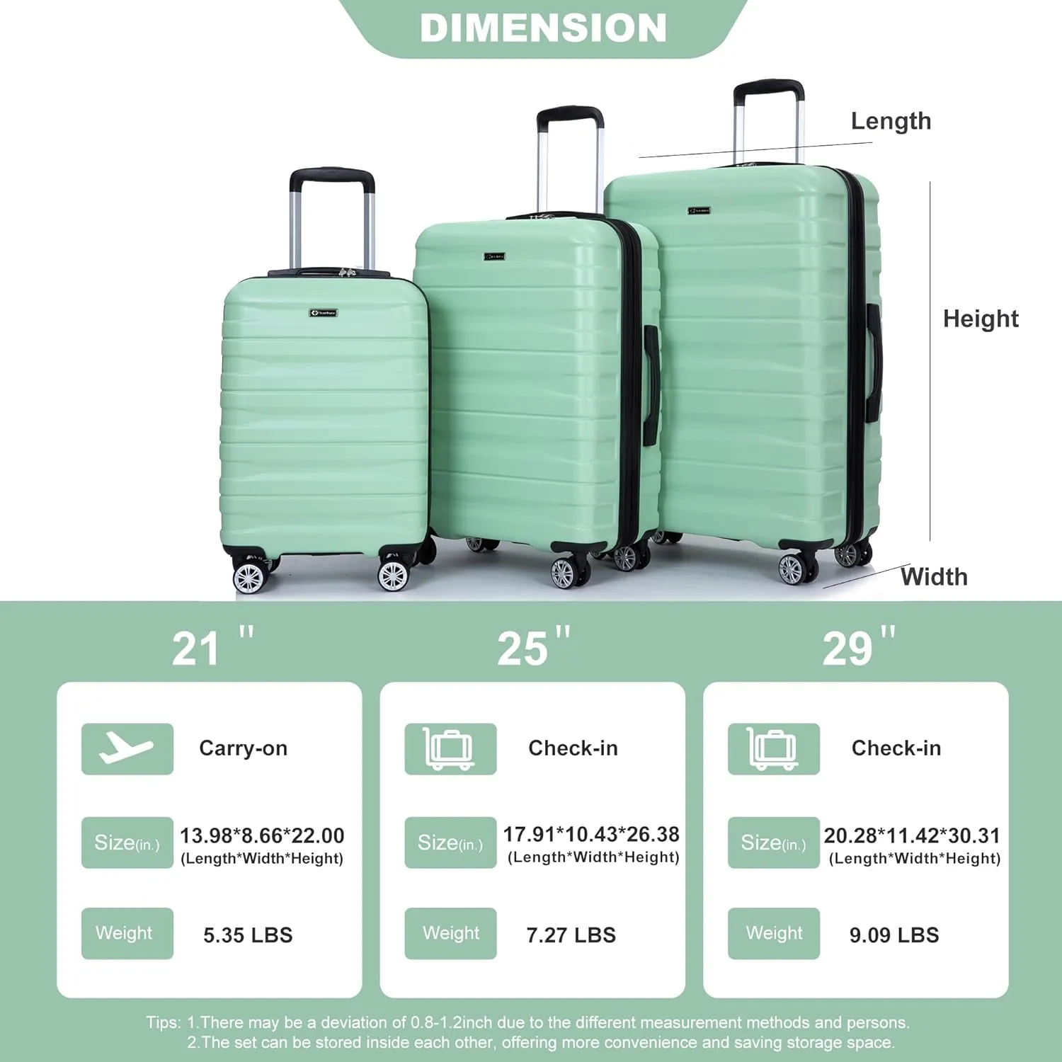 Luggage 3 Piece Sets with TSA Lock,Spinner Wheels,2Hooks,Lightweight & Durable Expandable Suitcase(20"/24"/28"). (Light Green)