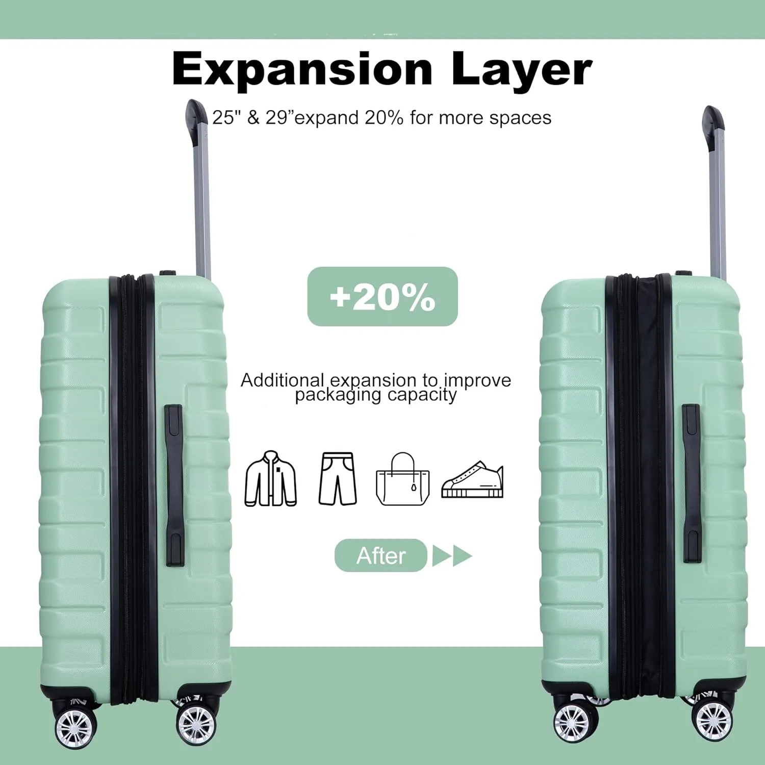 Luggage 3 Piece Sets with TSA Lock,Spinner Wheels,2Hooks,Lightweight & Durable Expandable Suitcase(20"/24"/28"). (Light Green)