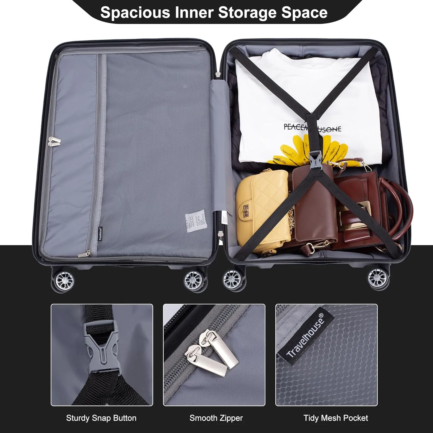 Luggage 3 Piece Sets with TSA Lock,Spinner Wheels,Carry On Hardside Travel Luggage(20"/24"/28"). (Black)