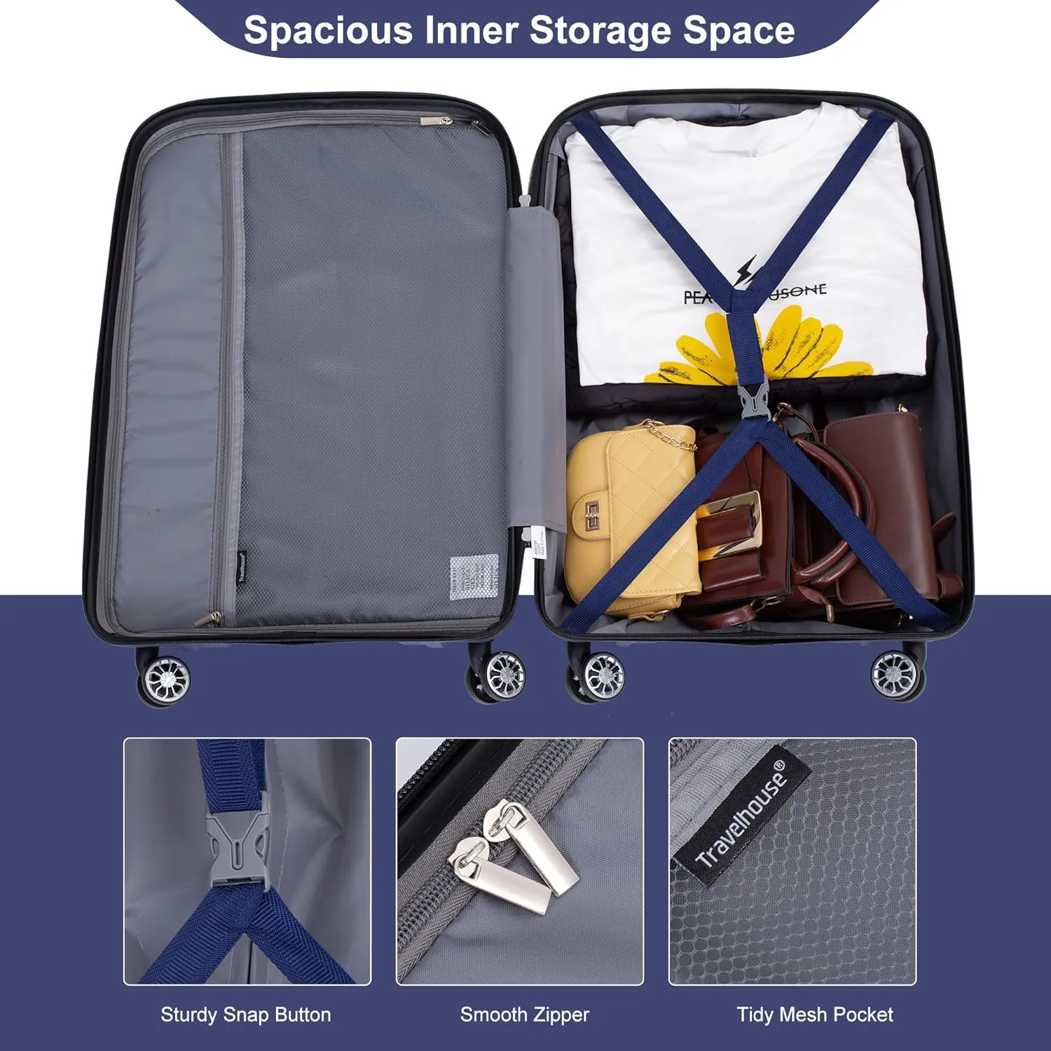 Luggage 3 Piece Sets with TSA Lock,Spinner Wheels,Carry On Hardside Travel Luggage(20"/24"/28"). (Navy)