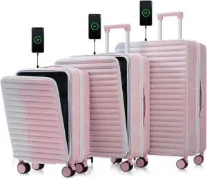 Luggage 3 Piece Sets20/24/28, 20 "24" With Front Pocket,Hard Shell Luggage Carry On Luggage Set With Tsa Lock,Usb Interface, Universal Wheel,Cup Holder,Gradient Pink