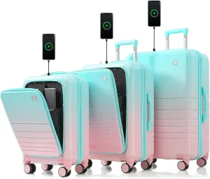 Luggage Set of 3, 20, 24, 28 Inch with USB Charging Port, Front Opening Carry-On, Spinner Wheels, Light Blue