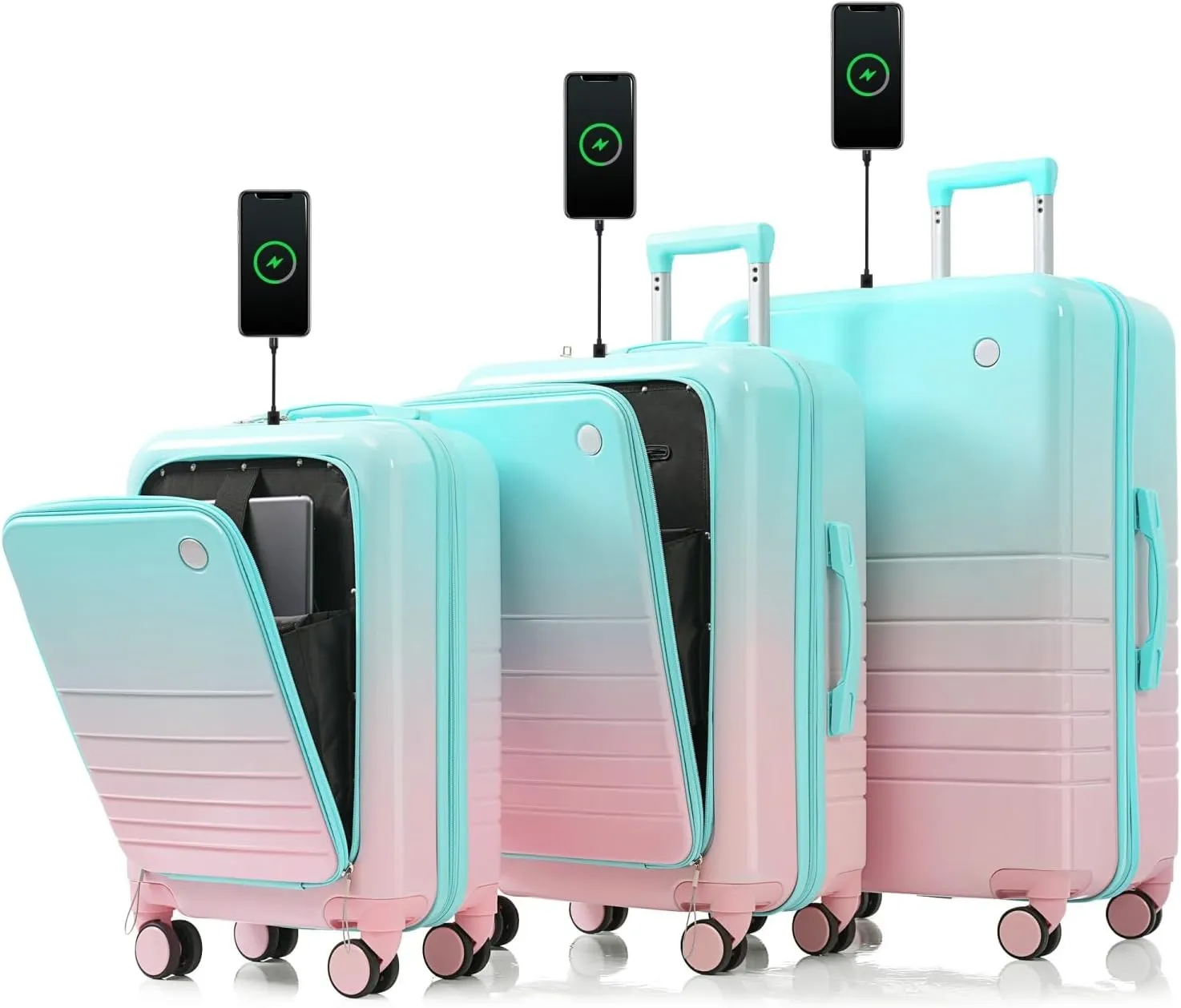 Luggage Set of 3, 20, 24, 28 Inch with USB Charging Port, Front Opening Carry-On, Spinner Wheels, Light Blue