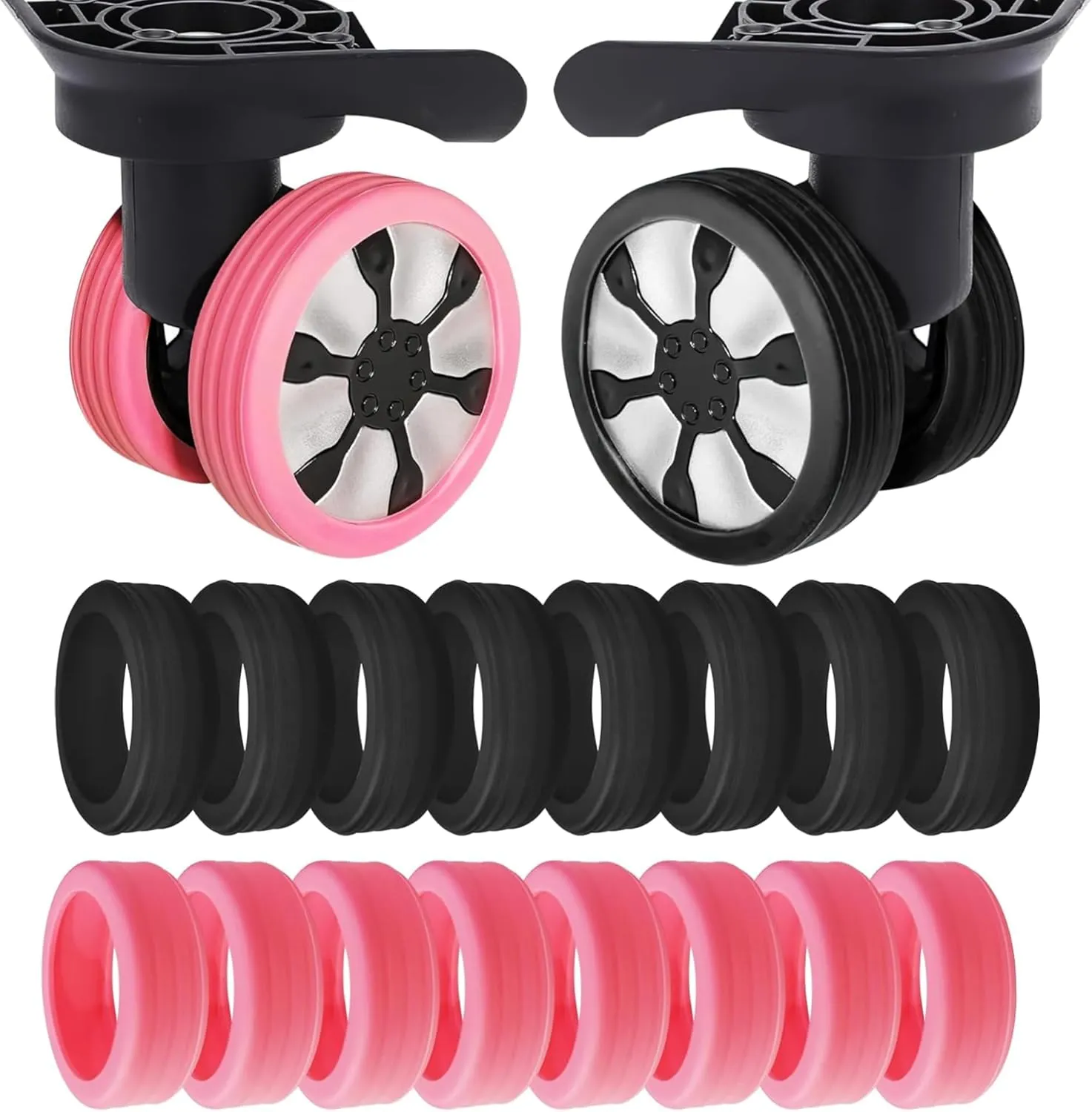 Luggage Wheel Protector Covers Sets, 16 Pack Silicone Suitcase Wheels Protector Fits Most Travel Luggages Wheels Sizes, Anti-Scratch, Noise Reduction, Easy Install (8pcs Black   8pcs Pink)