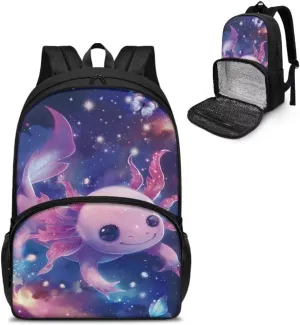 Lunch Backpack for Men Work,Axolotl Universe 16.9 Inch Laptop Backpack, Large Travel Backpack with Lunch Box, Water Resistant Sturdy College Computer Backpack for Men Women