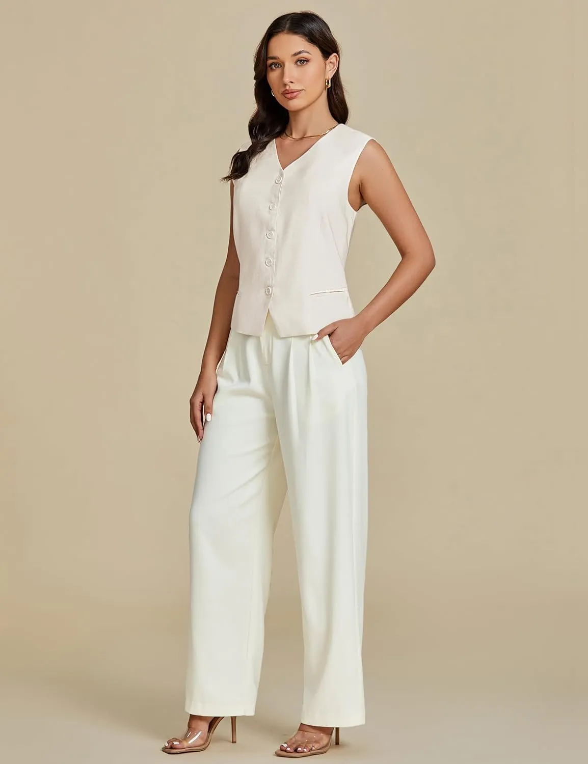 luvamia Womens Vests Linen Fashion Dressy Casual Lightweight Button Down Sleeveless Blazer Lined Work Waistcoat Vest Top