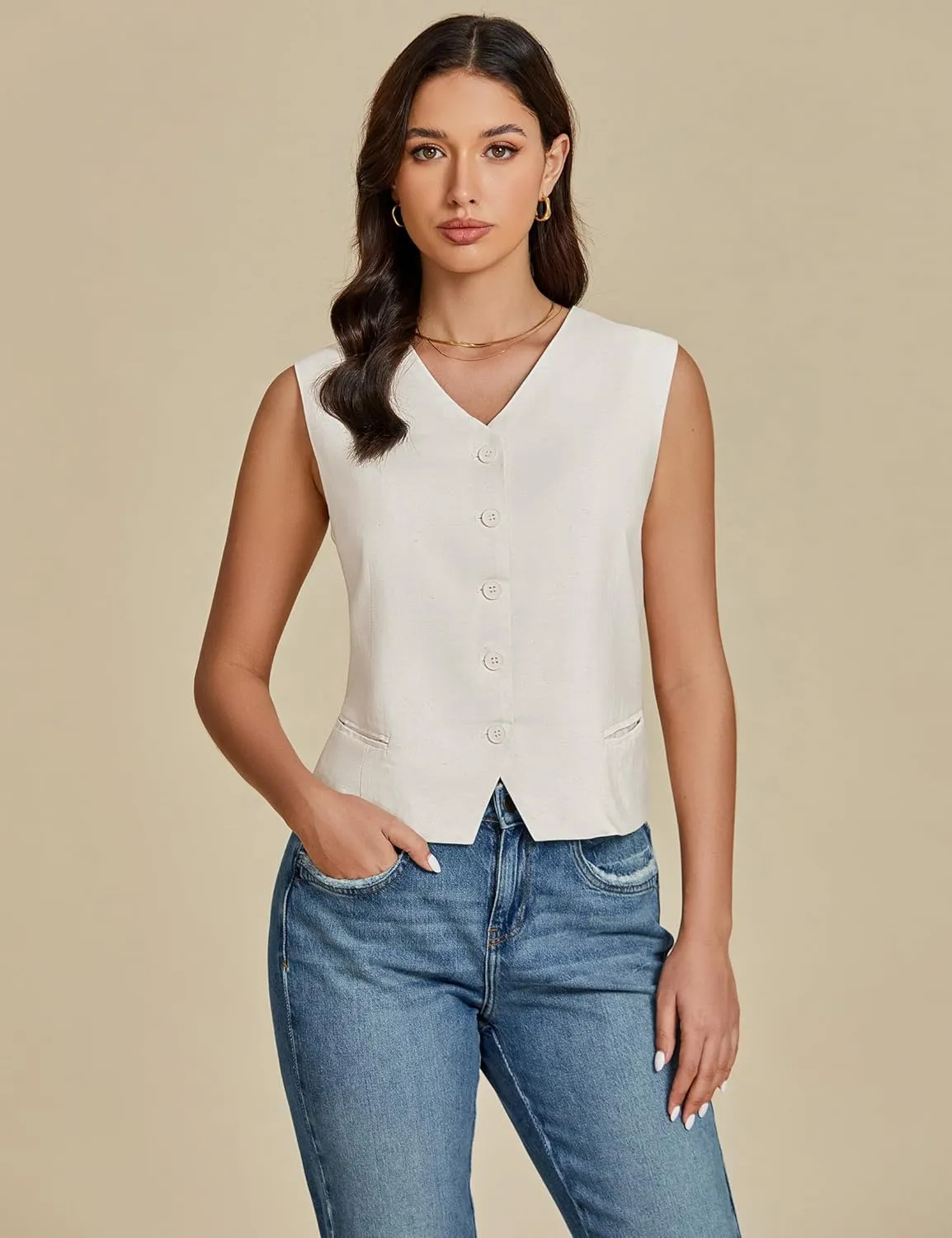 luvamia Womens Vests Linen Fashion Dressy Casual Lightweight Button Down Sleeveless Blazer Lined Work Waistcoat Vest Top