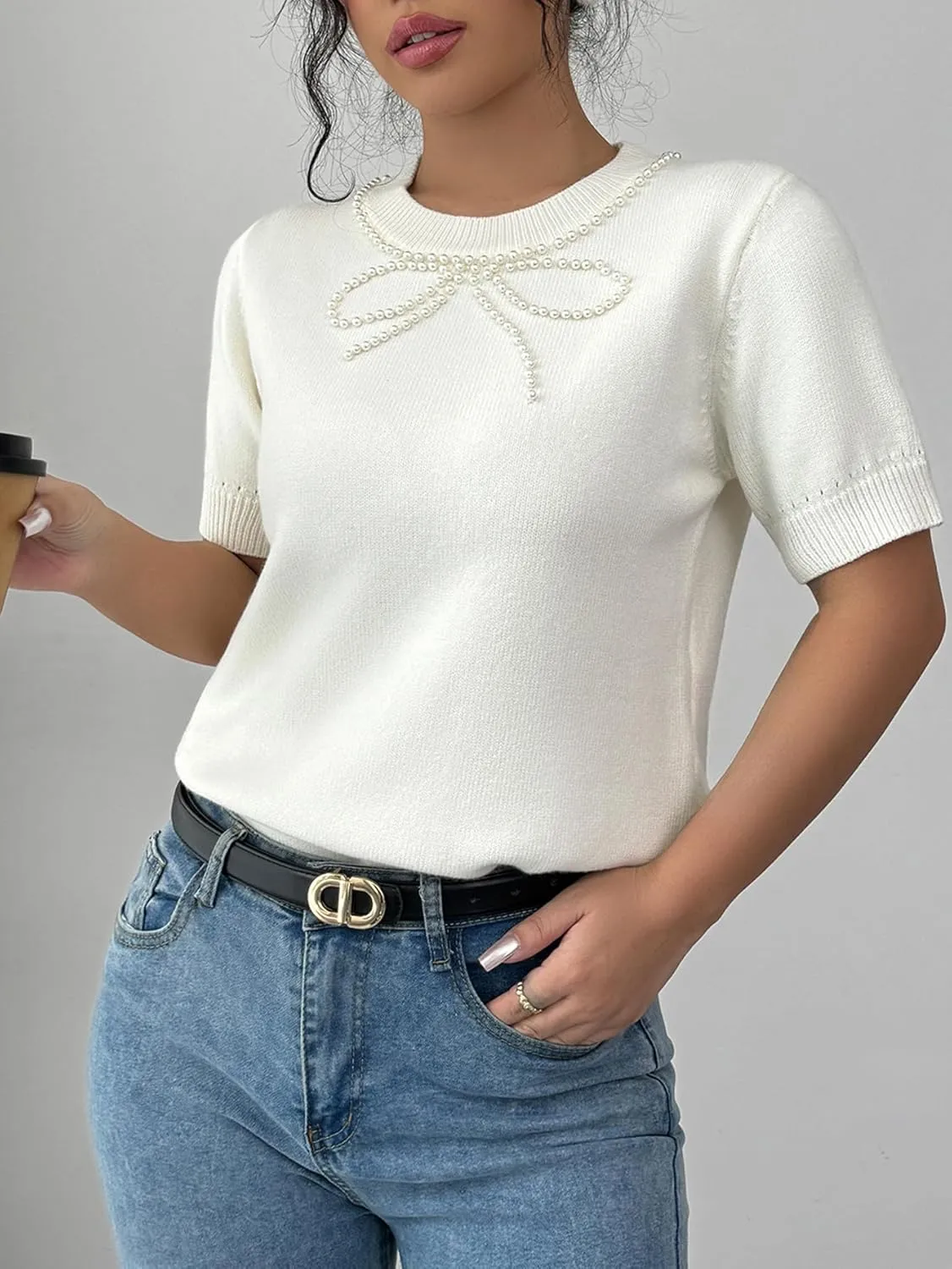 MakeMeChic Women's Bow Sweater Crew Neck Short Sleeve Knitted Pullover Beaded Tops