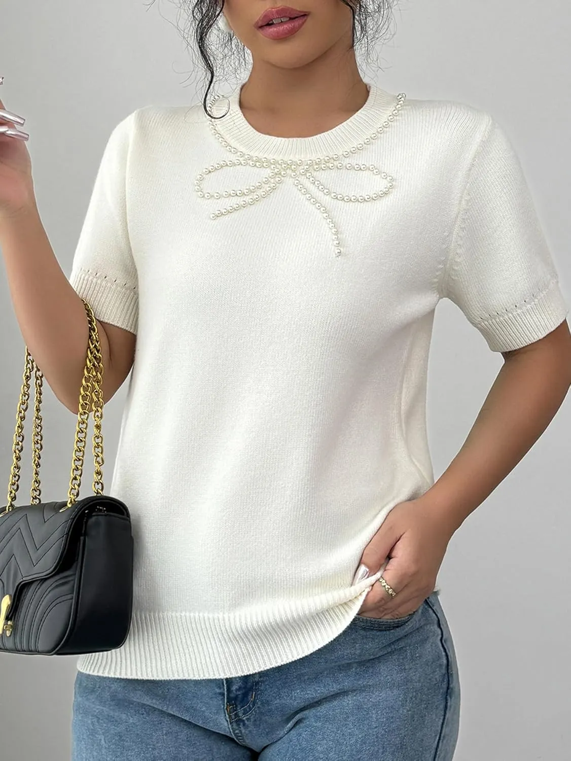 MakeMeChic Women's Bow Sweater Crew Neck Short Sleeve Knitted Pullover Beaded Tops