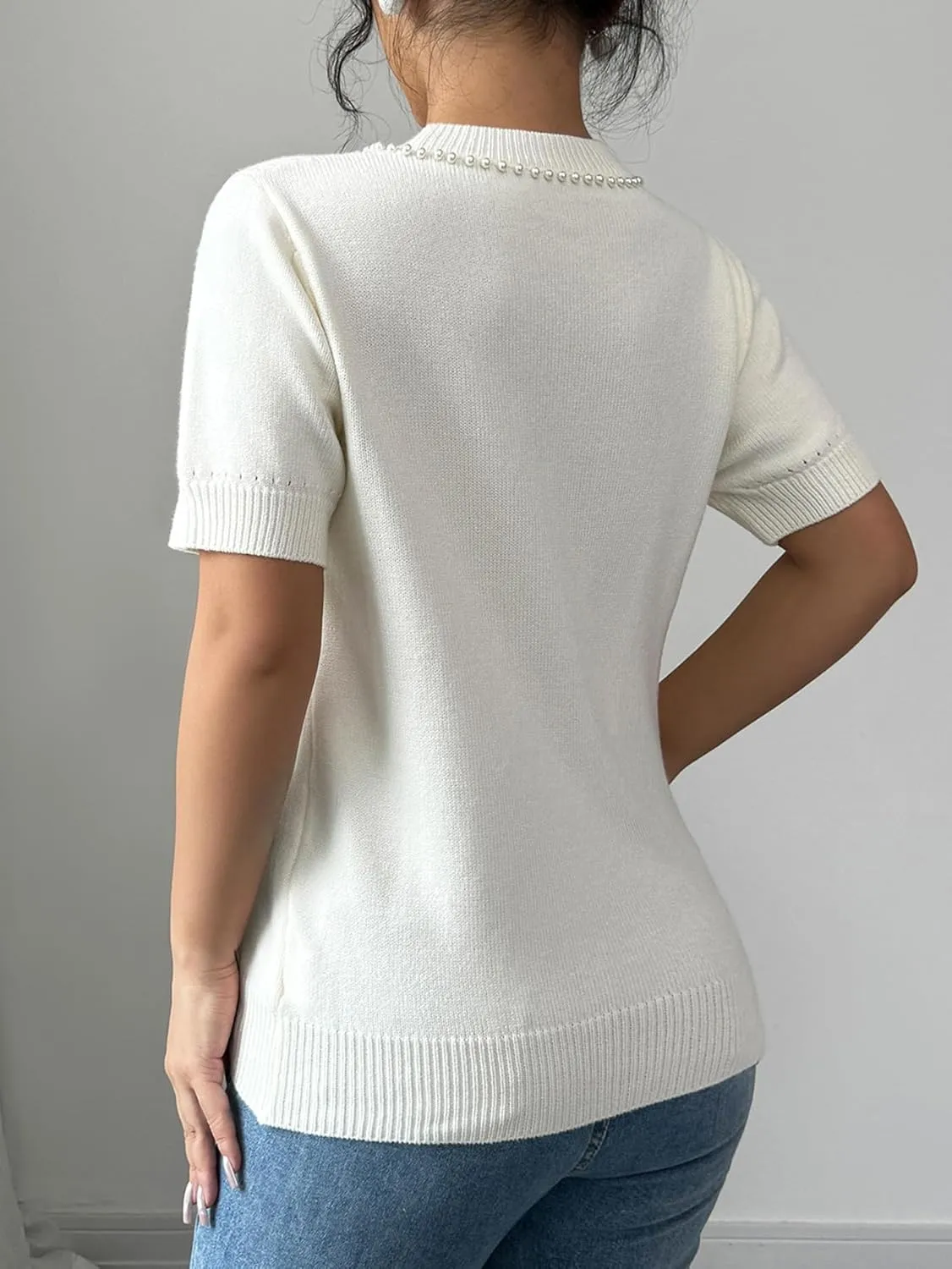 MakeMeChic Women's Bow Sweater Crew Neck Short Sleeve Knitted Pullover Beaded Tops