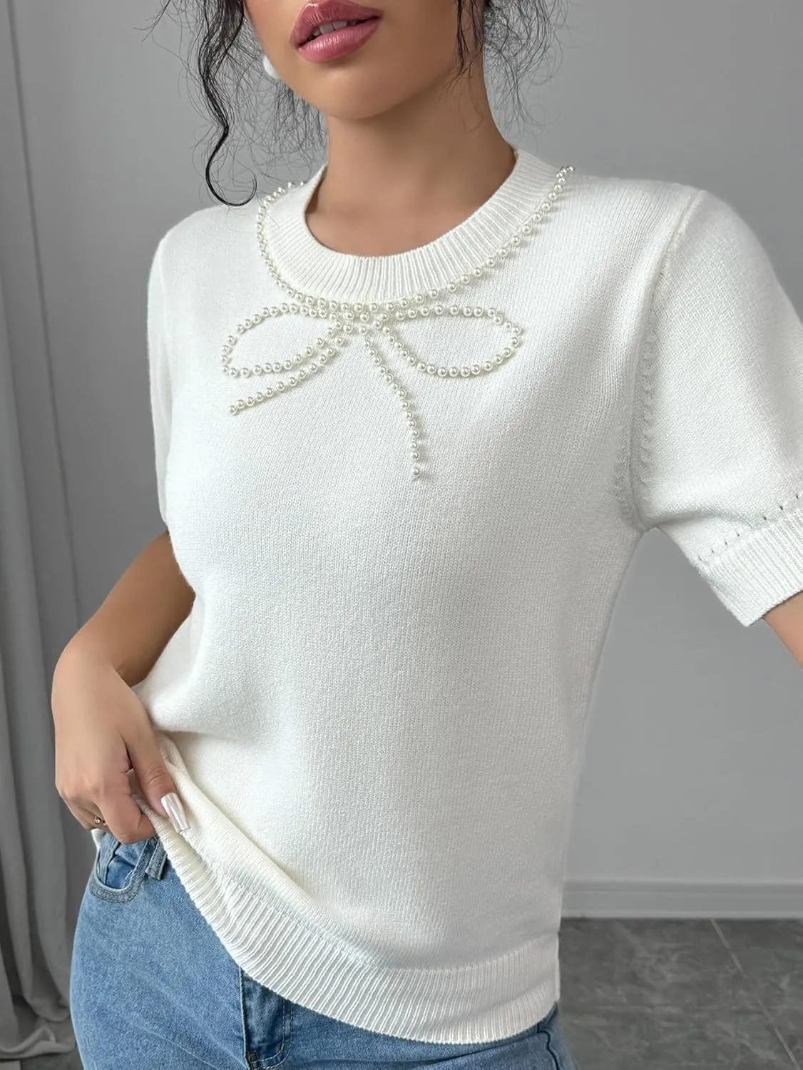MakeMeChic Women's Bow Sweater Crew Neck Short Sleeve Knitted Pullover Beaded Tops