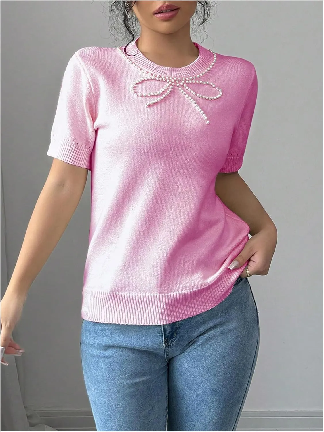 MakeMeChic Women's Bow Sweater Crew Neck Short Sleeve Knitted Pullover Beaded Tops