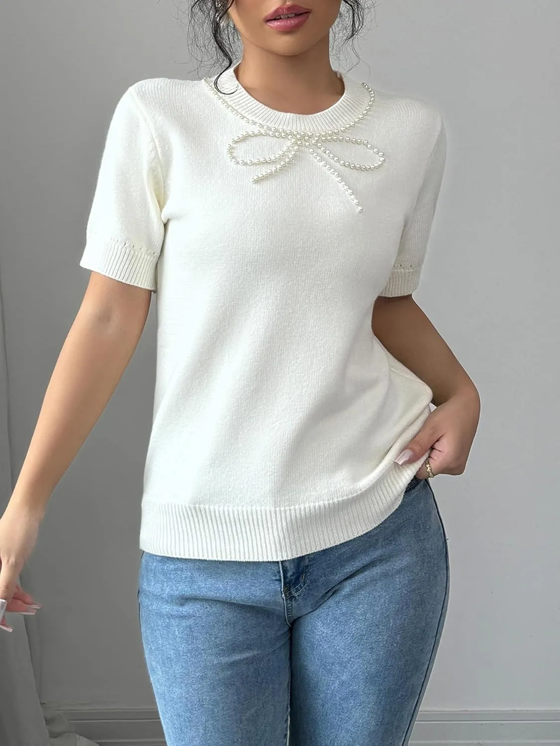 MakeMeChic Women's Bow Sweater Crew Neck Short Sleeve Knitted Pullover Beaded Tops